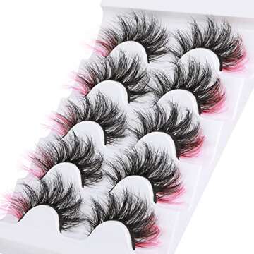 Pink Colored Lashes, ALPHONSE 5D Colorful False Lashes with Color, Fluffy Dramatic Faux Mink Eye Lashes Set for Cosplay Costumes 5 Pairs Pack