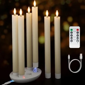Rechargeable Flameless Taper Candles with Charging Station, 6 Pcs Real Wax LED Taper Candles Flicker...