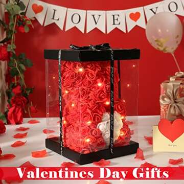 U UQUI Rose Bear Gifts for Valentines Day, Flower Bear Rose Teddy Bear with Box Lights I Love You Necklace 100 Languages Balloon Card, Cute Romantic for Her and Wedding Decorations