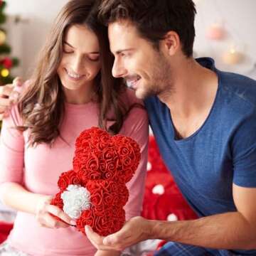 U UQUI Rose Bear Gifts for Valentines Day, Flower Bear Rose Teddy Bear with Box Lights I Love You Necklace 100 Languages Balloon Card, Cute Romantic for Her and Wedding Decorations