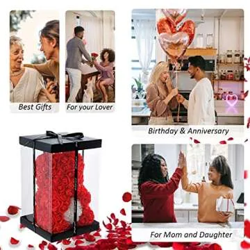 U UQUI Rose Bear Gifts for Valentines Day, Flower Bear Rose Teddy Bear with Box Lights I Love You Necklace 100 Languages Balloon Card, Cute Romantic for Her and Wedding Decorations