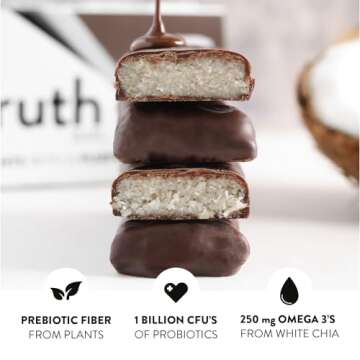 Truth Bar Prebiotic & Probiotic Keto Snack Vegan Bars with Omega-3's - Synbiotic High Fiber Snacks - Low Sugar, Kosher, Gluten Free - Dark Chocolate Coconut (Pack of 12)