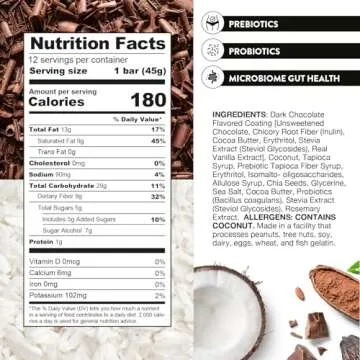 Truth Bar Prebiotic & Probiotic Keto Snack Vegan Bars with Omega-3's - Synbiotic High Fiber Snacks - Low Sugar, Kosher, Gluten Free - Dark Chocolate Coconut (Pack of 12)