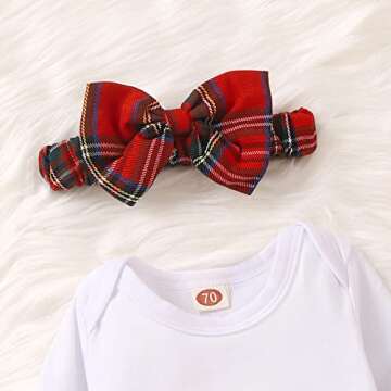 Newborn Baby Girl Christmas Outfits My 1st Christmas Romper+Suspender Skirt +Headband Overall Clothes Set (Deer+plaid, 3-6 Months)