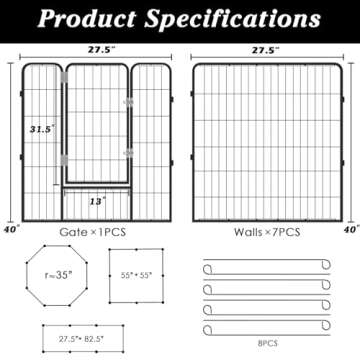 PUKAMI Dog Fence for The Yard, 8 Panels 40” Height x27.5” Length,Puppy Playpen for Small Medium Dog Portable Dog Playpen Exercise Pen for Indoor Outdoor,Pet Playpen Fence for Yard,RV,Camping