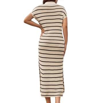 FQFGGYD Women's Casual Striped Long Dresses Short Sleeve V-Neck Bottom Split Knit Maxi Dress Vacatio...