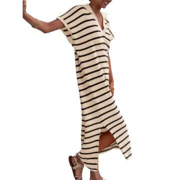 FQFGGYD Women's Striped V-Neck Knit Maxi Dress
