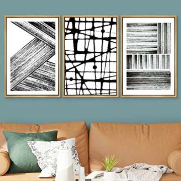 SIGNWIN Framed Wall Art Print Set Black and White Brushstrokes Lines & Patterns Abstract Shapes Illu...