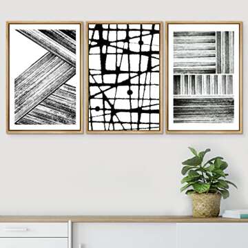 SIGNWIN Framed Wall Art Print Set Black and White Brushstrokes Lines & Patterns Abstract Shapes Illustrations Modern Art Chic Relax/Calm Multicolor for Living Room, Bedroom, Office - 24"x36"x3