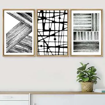 SIGNWIN Framed Wall Art Print Set Black and White Brushstrokes Lines & Patterns Abstract Shapes Illustrations Modern Art Chic Relax/Calm Multicolor for Living Room, Bedroom, Office - 24"x36"x3