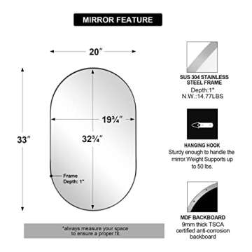 ANDY STAR Brushed Nickel Bathroom Mirror, 20x33 Oval Silver Mirrors, Oval Wall Mirror, Oval Vanity Mirror HD Reflection Metal Frame Mirror for Bathroom Hang Vertical or Horizontal