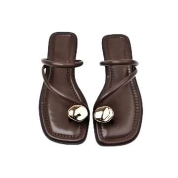 HDFDB Women's Leather Strappy Flat Metal Toe Ring Sandals Fashionable Square Open Toe Low Block Heel...