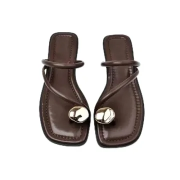 HDFDB Women's Leather Strappy Flat Metal Toe Ring Sandals Fashionable Square Open Toe Low Block Heel...