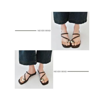 HDFDB Women's Leather Strappy Flat Metal Toe Ring Sandals Fashionable Square Open Toe Low Block Heel Slip-On Clip Toe Slide Sandals Casual Summer Beach Slipper (Brown,4.5)