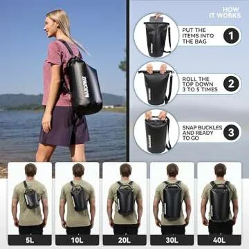 MARCHWAY Floating Waterproof Dry Bag Backpack 5L/10L/20L/30L/40L, Roll Top Sack Keeps Gear Dry for Kayaking, Rafting, Boating, Swimming, Camping, Hiking, Beach, Fishing (Black, 40L)