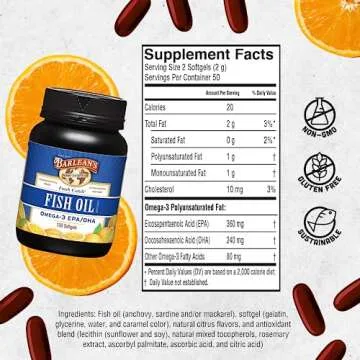 Barlean's Fish Oil Omega 3 Supplement, EPA and DHA Fatty Acid Softgels, 1000mg Orange Flavored Fish Oil Pills, 100 Count