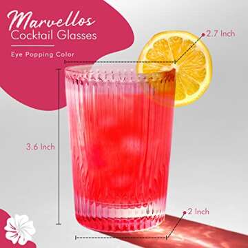 Vintage Cherry Blossom Set of 2 Cocktail Glasses with Wooden Coasters - Lead-Free and Durable Ribbed...