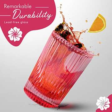 Vintage Cherry Blossom Set of 2 Cocktail Glasses with Wooden Coasters - Lead-Free and Durable Ribbed Glassware for Home Bar, Parties and Gifting, Easy to Clean Vintage Glassware, 210ml