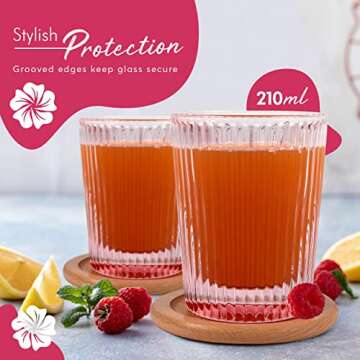 Vintage Cherry Blossom Set of 2 Cocktail Glasses with Wooden Coasters - Lead-Free and Durable Ribbed Glassware for Home Bar, Parties and Gifting, Easy to Clean Vintage Glassware, 210ml