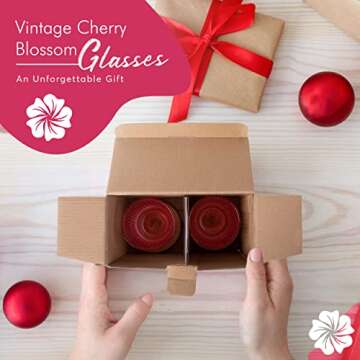 Vintage Cherry Blossom Set of 2 Cocktail Glasses with Wooden Coasters - Lead-Free and Durable Ribbed Glassware for Home Bar, Parties and Gifting, Easy to Clean Vintage Glassware, 210ml