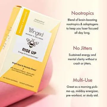 Winged Rise Up Gummies | Energy & Brain Boost Supplement | Natural Caffeine, Ashwagandha & B12 for Energy | Nootropics Alpha-GPC, Lion’s Mane & Huperzine A for Focus | Pineapple Flavor (30 Servings)