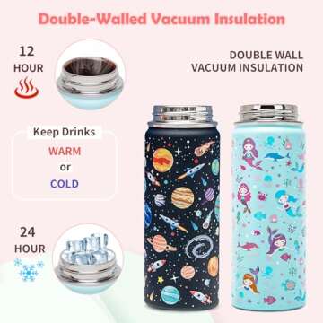 ACESAK 18oz Kids Insulated Water Bottle with Straw Lid - 18/8 Stainless Steel Kid Cup Travel Tumbler Double Wall Vacuum Leak Proof Portable Toddler Water Bottle (Space + Mermaid)