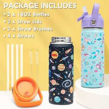ACESAK 18oz Kids Insulated Water Bottle with Straw Lid - 18/8 Stainless Steel Kid Cup Travel Tumbler Double Wall Vacuum Leak Proof Portable Toddler Water Bottle (Space + Mermaid)