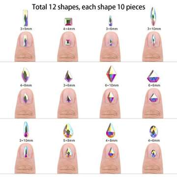 120 Pcs Multi Shapes Glass Crystal AB Rhinestones For Nail Art Craft, Mix 12 Style FlatBack Crystals 3D Decorations Flat Back Stones Gems Set (120 pcs Crystals+1728 pcs rhinestones)