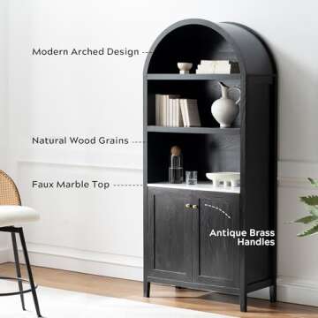 EYYTHUNG 71" Tall Arched Cabinet, 5-Tier Bookcase Storage Display Cabinet with Faux Marble Top, Modern Farmhouse Kitchen Pantry Bookshelves for Living Room Dining Room Home Office, Black