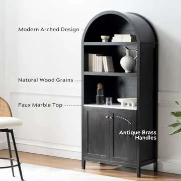 EYYTHUNG 71" Tall Arched Cabinet, 5-Tier Bookcase Storage Display Cabinet with Faux Marble Top, Modern Farmhouse Kitchen Pantry Bookshelves for Living Room Dining Room Home Office, Black