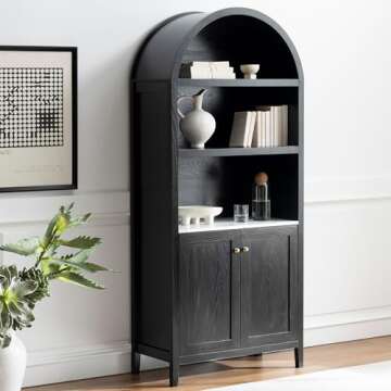 EYYTHUNG 71" Tall Arched Cabinet, 5-Tier Bookcase Storage Display Cabinet with Faux Marble Top, Modern Farmhouse Kitchen Pantry Bookshelves for Living Room Dining Room Home Office, Black