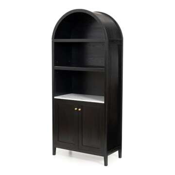EYYTHUNG 71" Tall Arched Cabinet, 5-Tier Bookcase Storage Display Cabinet with Faux Marble Top, Modern Farmhouse Kitchen Pantry Bookshelves for Living Room Dining Room Home Office, Black