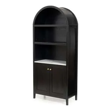 EYYTHUNG 71" Tall Arched Cabinet, 5-Tier Bookcase Storage Display Cabinet with Faux Marble Top, Modern Farmhouse Kitchen Pantry Bookshelves for Living Room Dining Room Home Office, Black