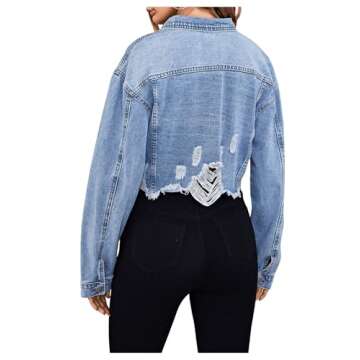 MakeMeChic Women's Cropped Jean Jacket Casual Long Sleeve Ripped Frayed Hem Denim Jacket Blue S