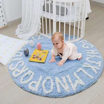 blue page ABC Rug for Kids Room Circle Nursery Rug for Baby Boy and Girl - Neutral Cotton Alphabet R...