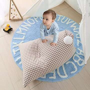 blue page ABC Rug for Kids Room Circle Nursery Rug for Baby Boy and Girl - Neutral Cotton Alphabet Rug Round Kids Rug Toddler Playroom Rug, Letter Reading Carpet, 40 Inch, Blue