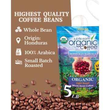 Subtle Earth Organic Coffee - Light Roast - 5lb Whole Beans - 100% Arabica / Low Acidity / Non-GMO