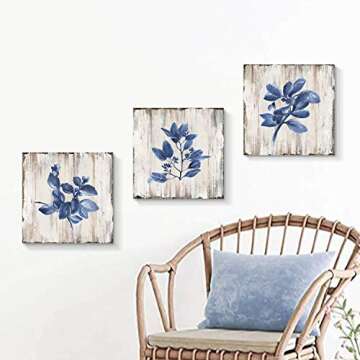 Blue Plant Leaf Wall Art: Natural Botanical Canvas Artworks Print Painting for Dinging Room (12'' x ...