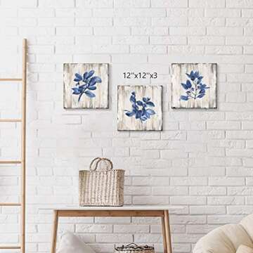 Blue Plant Leaf Wall Art: Natural Botanical Canvas Artworks Print Painting for Dinging Room (12'' x 12'' x 3 Panels)