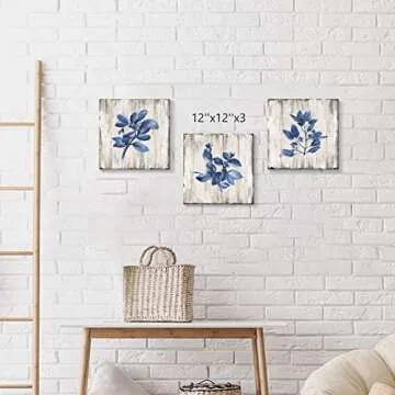 Blue Plant Leaf Wall Art: Natural Botanical Canvas Artworks Print Painting for Dinging Room (12'' x 12'' x 3 Panels)