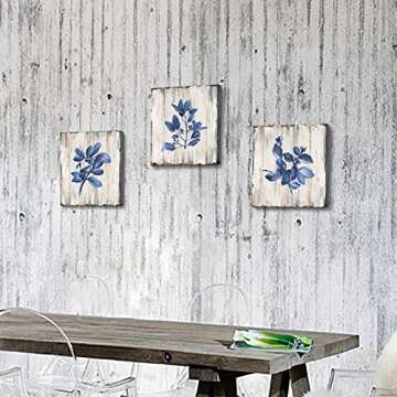 Blue Plant Leaf Wall Art: Natural Botanical Canvas Artworks Print Painting for Dinging Room (12'' x 12'' x 3 Panels)