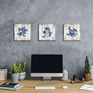 Blue Plant Leaf Wall Art: Natural Botanical Canvas Artworks Print Painting for Dinging Room (12'' x 12'' x 3 Panels)