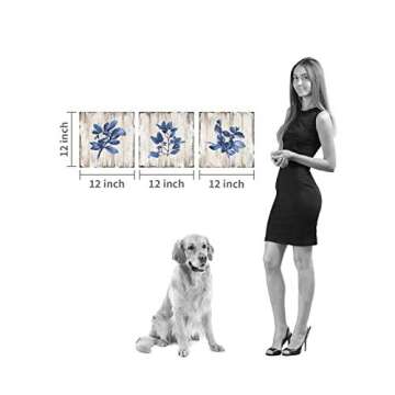 Blue Plant Leaf Wall Art: Natural Botanical Canvas Artworks Print Painting for Dinging Room (12'' x 12'' x 3 Panels)