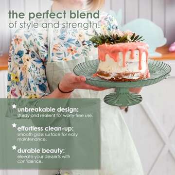 Amici Home Flower Footed Glass Cake Stand | Round Vintage Style Cake Plate | Serving Platter for Cupcakes, Cookies | Dessert Display Stand for Parties, Weddings, and Gift | 10” D x 4” H (Green)