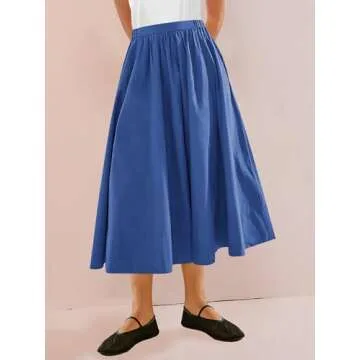 Yousify Women’s A-Line Midi Skirts Casual Elastic High Waist Flowy Swing Pleated Beach Boho Long Skirt with Pocket