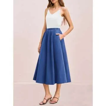 Yousify Women’s A-Line Midi Skirts Casual Elastic High Waist Flowy Swing Pleated Beach Boho Long Skirt with Pocket