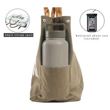 Keho Women's Large Beach Bag with Vegan Leather Handles with Pockets, Waterproof Lining - Tan