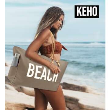 Keho Women's Large Beach Bag with Vegan Leather Handles with Pockets, Waterproof Lining - Tan