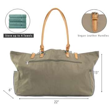 Keho Women's Large Beach Bag with Vegan Leather Handles with Pockets, Waterproof Lining - Tan