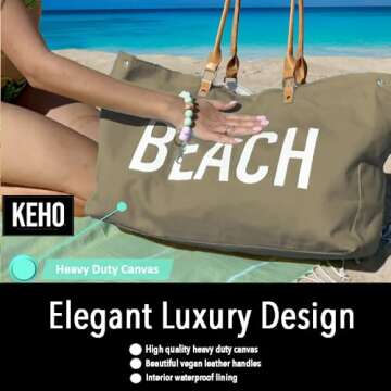 Keho Women's Large Beach Bag with Vegan Leather Handles with Pockets, Waterproof Lining - Tan